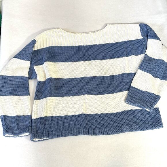 CALVIN KLEIN SPORT Cotton Sweater Boat Neck Blue White Striped Boxy Fit - Picture 1 of 6